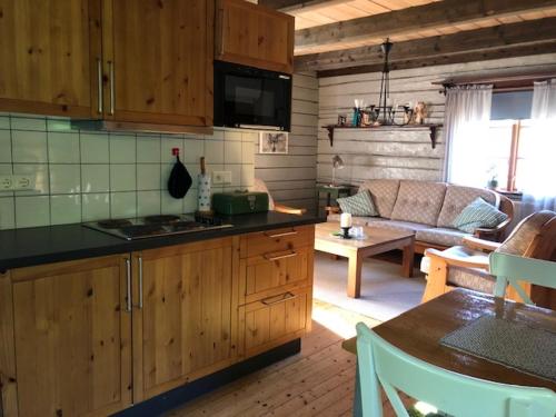 a kitchen with wooden cabinets and a living room at Skålleruds Gård in Åsensbruk