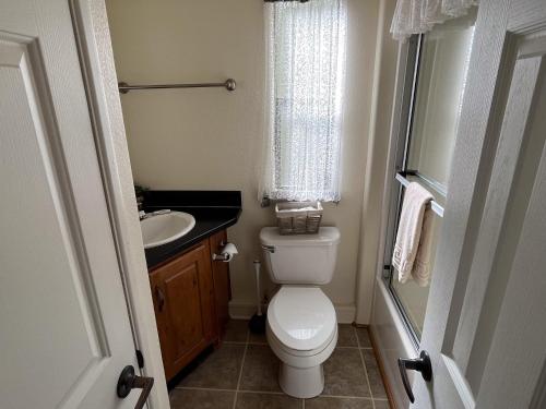 a small bathroom with a toilet and a sink at Cabin 40 in Almont