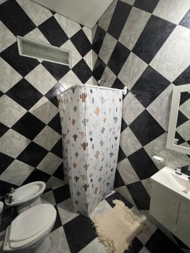 a bathroom with a toilet and a shower curtain at Departamento Catamarca in San Fernando del Valle de Catamarca
