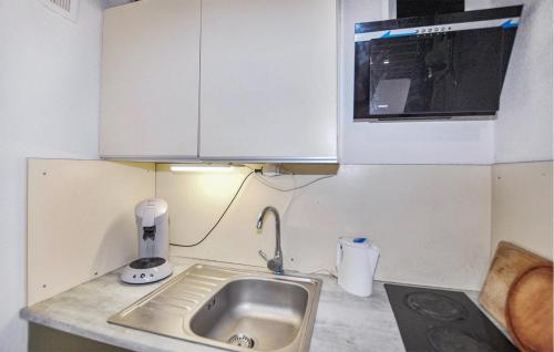 une petite cuisine avec un évier et un micro-ondes dans l'établissement Beautiful Apartment In Le Barcarès, au Barcarès