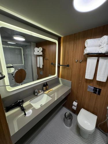 a bathroom with a sink and a toilet and a mirror at Novotel Recife Marina in Recife