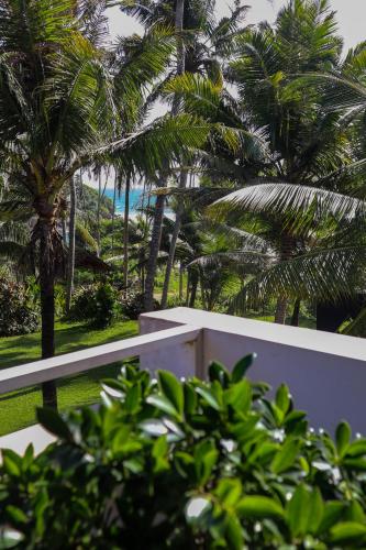 a white fence with palm trees in the background at Singhe House in Dickwella