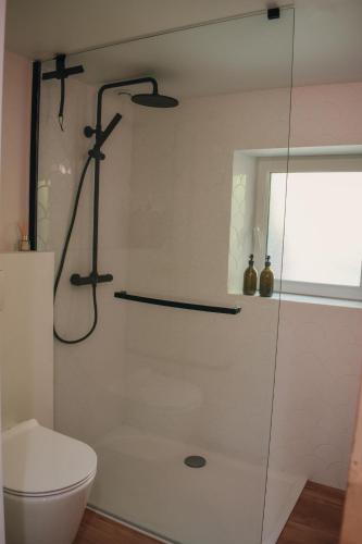 une salle de bain avec douche et toilettes dans l'établissement La Cabane - Gîtes des Havres, à Gouville-sur-Mer