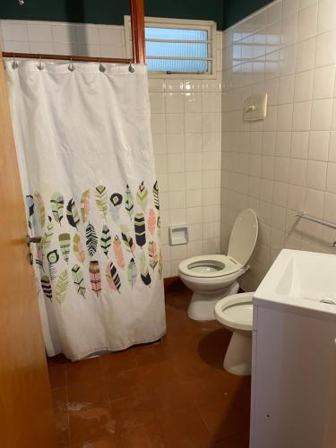 un bagno con un water e una tenda da doccia di Agasajo V a Córdoba