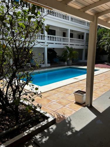 a swimming pool in front of a house at The Old Gin House in Oranjestad