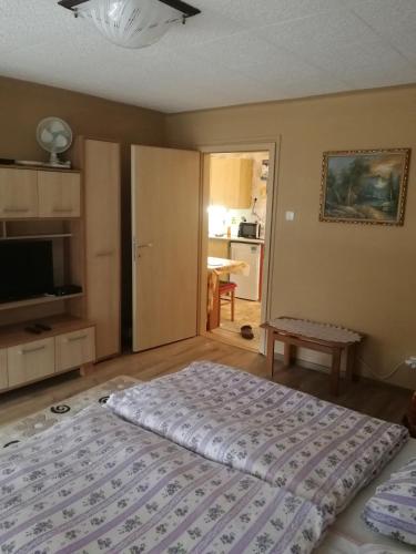 a bedroom with a large bed and a television at Merkl Apartman- Harkány in Harkány