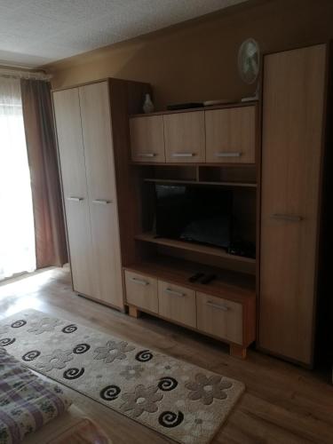 a living room with a entertainment center with a television at Merkl Apartman- Harkány in Harkány