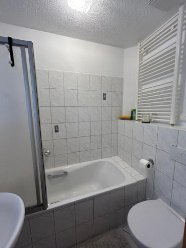 une salle de bain avec baignoire et toilettes dans l'établissement Geräumige Ferienwohnung im Grünen, à Lichtenstein
