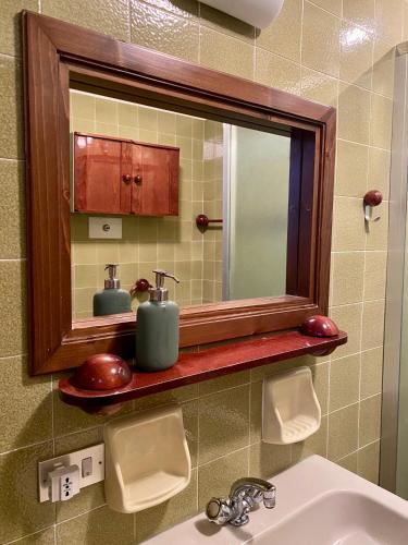 a bathroom with a mirror and a sink at La casa nel verde, un nido accogliente con vista in Folgarida