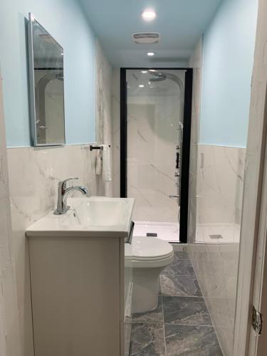 a bathroom with a sink and a toilet and a shower at Ottawa Heritage Private Rooms Across OttawaU Not Entire Apt in Ottawa