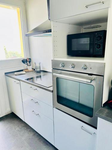 La cuisine est équipée d'un four micro-ondes. dans l'établissement Bel appartement tout confort, à Saint-Quentin