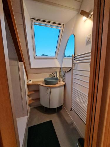 a small bathroom with a sink and a window at Eco domaine des salamandres in Crach