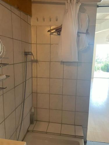 a bathroom with a shower with a shower curtain at Graine de Paradis - Tiny House in Le Landeron