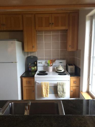 a kitchen with a white stove and a sink at The Rivery Retreat, Choose from Luxury Guesthouse Cabin OR Poolside Suite in Lake Austin Hill Country in Austin