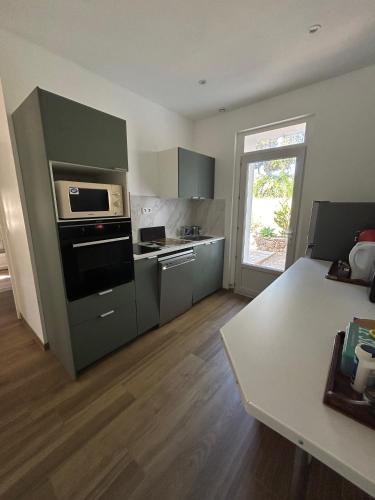 une cuisine avec une cuisinière et un micro-ondes dans l'établissement Villa les Lys 2, à La Seyne-sur-Mer