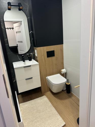 Un baño con inodoro, lavabo y espejo. en Apartament Duet, en Kłodzko