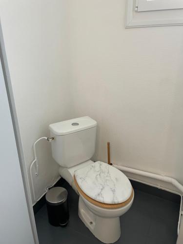 a bathroom with a white toilet in a room at Hébergement Guer in Guer