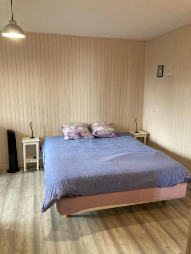- une chambre avec un lit bleu et 2 oreillers dans l'établissement Cholet 500m du cormier 15 min du puy du fou, à Cholet