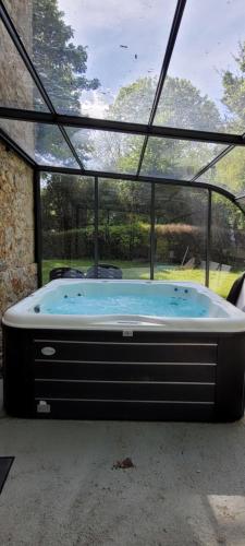 Cette chambre dispose d'une grande baignoire et de fenêtres. dans l'établissement Le Manoir de Sonnac, à La Cresse