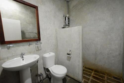 a bathroom with a sink and a toilet and a mirror at Pavana Resort in Embilipitiya