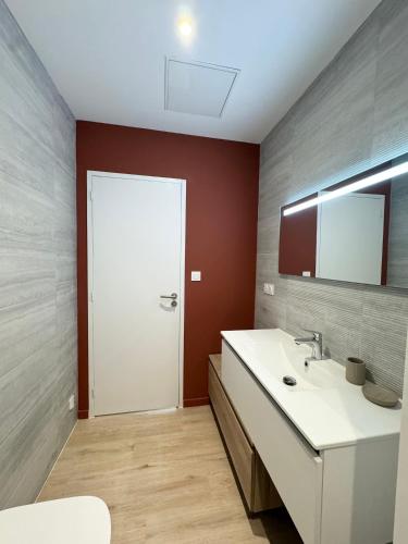 une salle de bain avec un lavabo blanc et un miroir dans l'établissement Appartement Cosy en Centre-Ville, à Brest