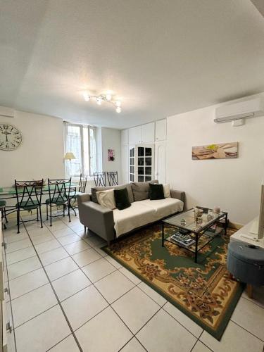 un salon avec un canapé et une table dans l'établissement Chez Lucia appartement climatisé, à Périgueux