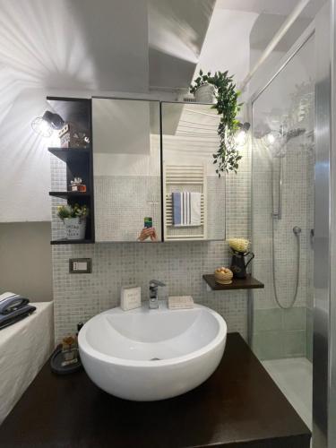 un bagno con un lavandino bianco e una doccia di Casa Giulia di Barolo a Torino
