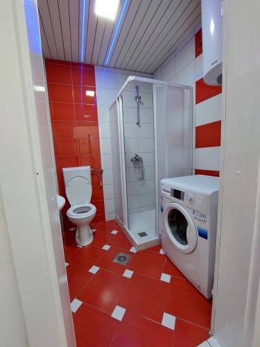 a bathroom with a toilet and a washing machine at Petreski Apartments 1 in Ohrid