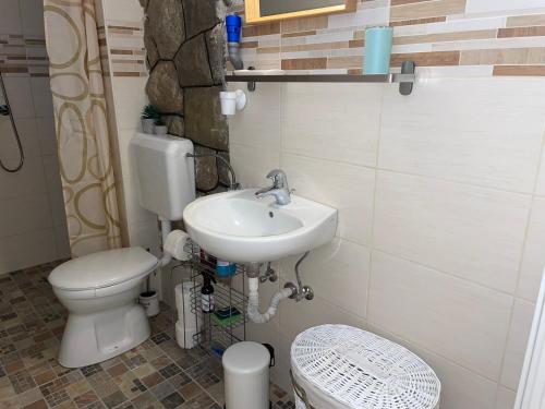 a bathroom with a toilet and a sink at Júlia Apartmanház Harkány in Harkány