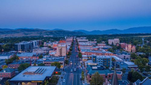 an aerial view of a city with a christmas tree at MountainView Lodge and Suites in Bozeman
