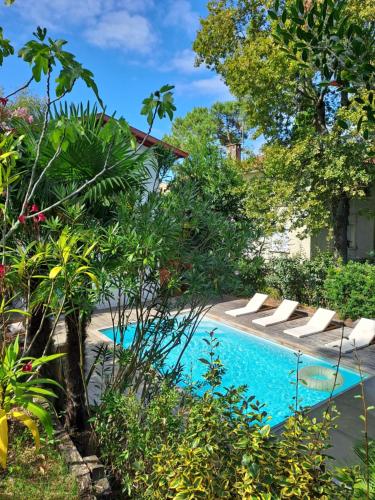 une piscine avec des chaises longues dans un jardin dans l'établissement Villa-Piscine aux Abatilles 8 couchages, à Les Abatilles
