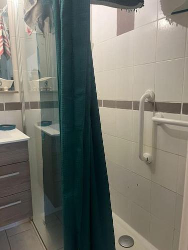 La salle de bains est pourvue d'une douche avec rideau de douche vert. dans l'établissement Maison à 250 m de la plage !, à Sainte-Marie-la-Mer