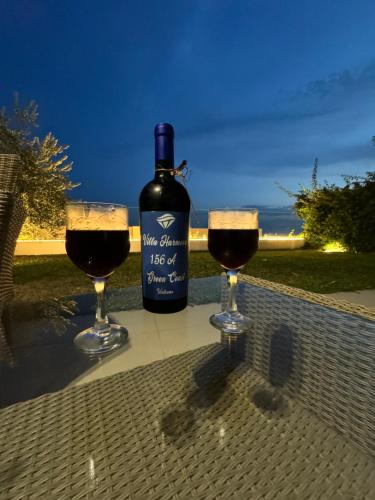 a bottle of wine and two glasses of red wine at Villa Harmony Green Coast, Palase in Himare