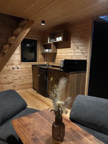 a kitchen and living room in a log cabin at Hideaway Kazbegi in Stepantsminda