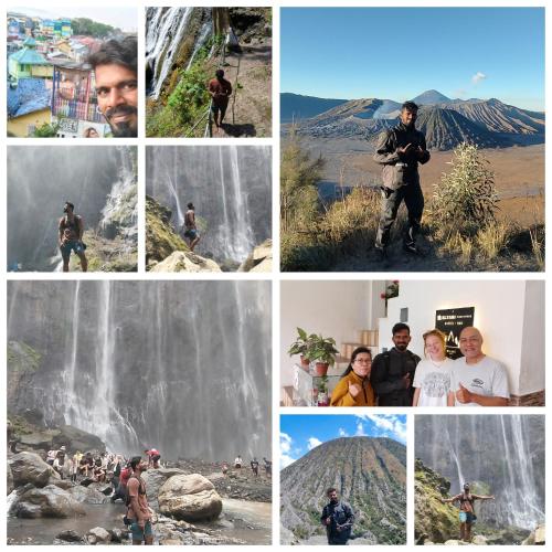 a collage of photos of people standing around a waterfall at ELTARI Pine House in Kidal