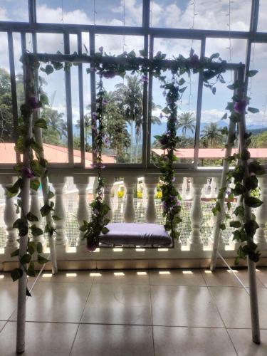 a swing in a room with a large window at La Cabaña Eco Hotel in Suaita