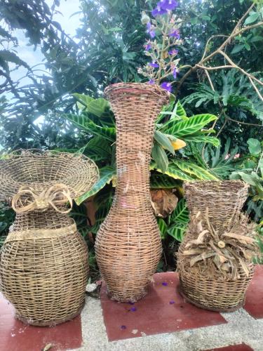 three wicker vases are sitting in front of some plants at La Cabaña Eco Hotel in Suaita