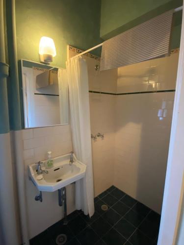 un bagno con lavandino, specchio e doccia di Ellstanmor Guesthouse Cooma a Cooma