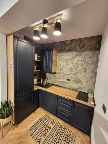 a kitchen with black cabinets and a wooden floor at Design Loft in Reşiţa