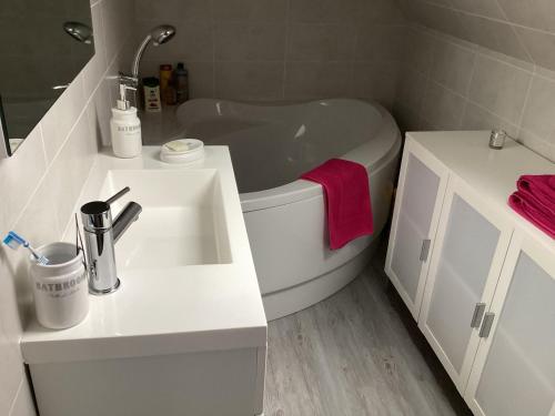 une salle de bain avec un lavabo et une baignoire dans l'établissement Le Passage, à Vineuil
