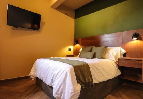 a bedroom with a bed and a flat screen tv at Acogedor departamento en Centro de Valle in Valle de Bravo