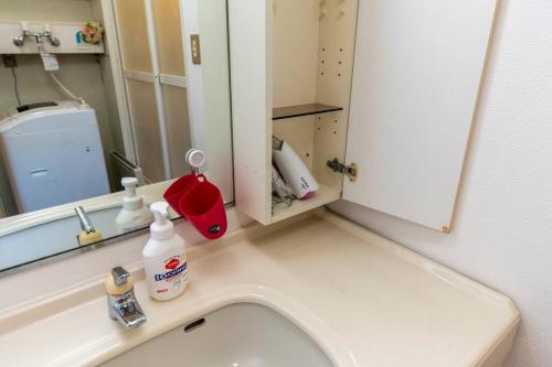 a bathroom with a sink and a mirror at Warabe in Otaru