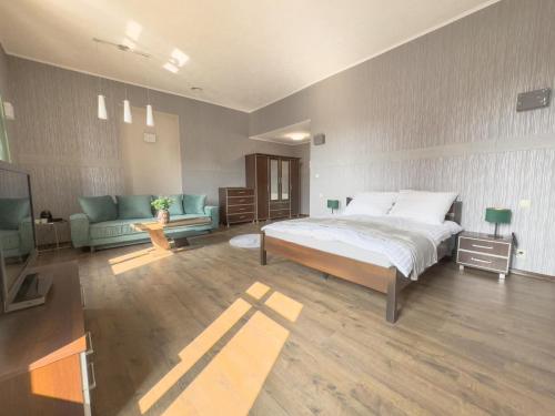 a bedroom with a bed and a couch and a television at Kamienica in Sulęcin