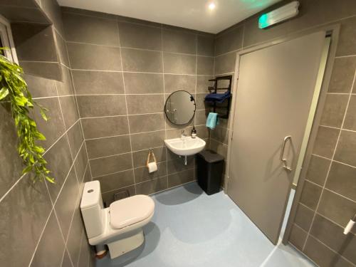a bathroom with a toilet and a sink at unique sheperds hut private hot tub, ensuite & kitchenette in Clodock