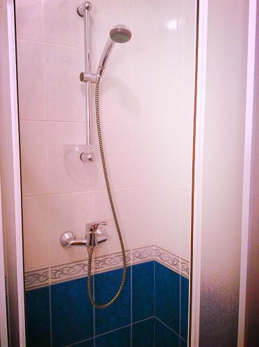 a shower with a glass door in a bathroom at Complex Druzhba in Uzhhorod