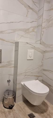 a white toilet in a bathroom with marble walls at Summer Park Residence Peljesac in Orebić