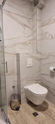 a bathroom with a toilet and a glass shower at Summer Park Residence Peljesac in Orebić
