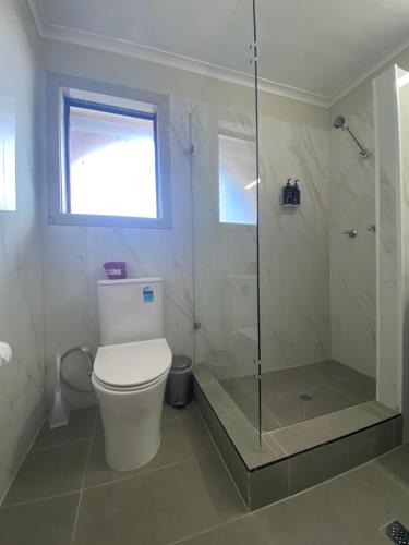 a bathroom with a toilet and a glass shower at Lismore City Motor Inn in Lismore