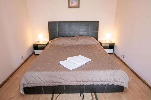 a bedroom with a bed with two lamps on both sides at Family Hotel Ambrozia in Sandanski