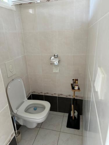 - une petite salle de bains avec toilettes dans une cabine dans l'établissement Charmant Appartement de 42 m à 200 m de la Plage, à Fréjus